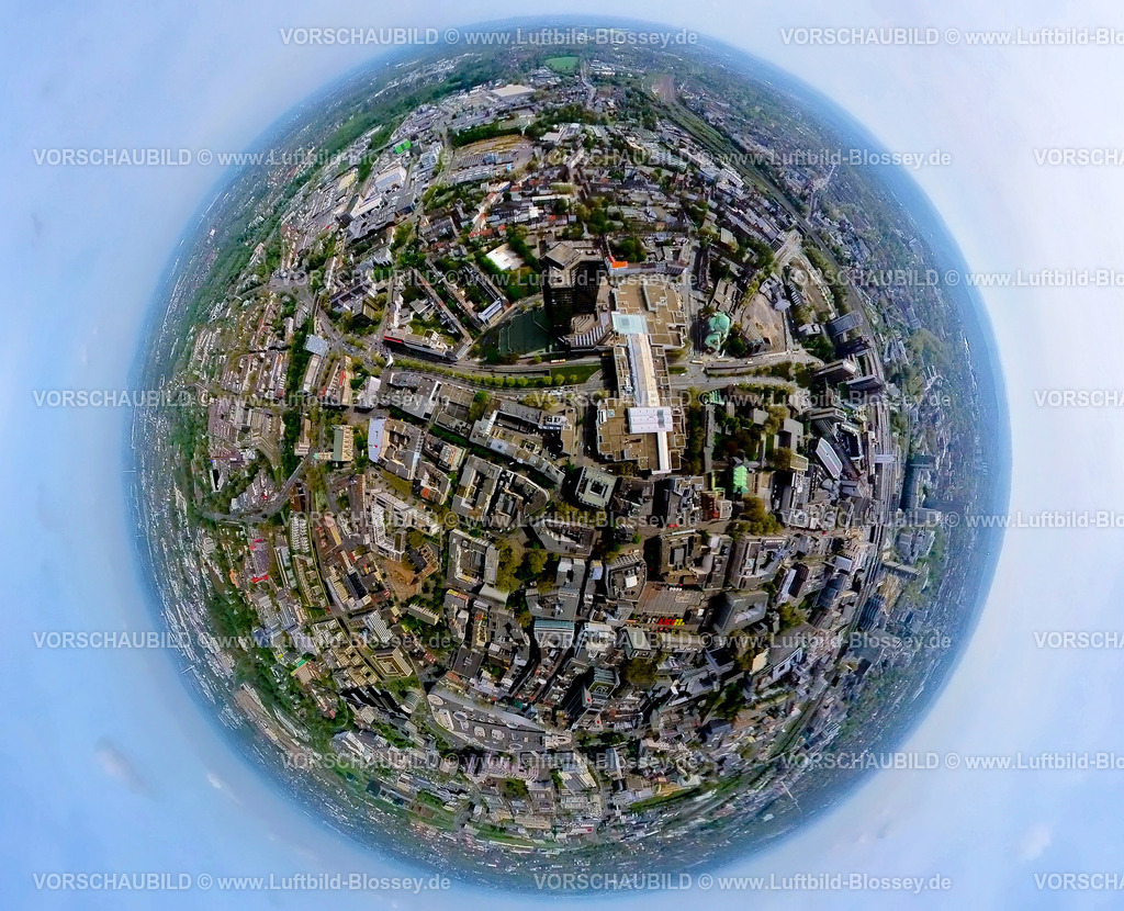 Essen240490073City-Ost_Rathaus | Luftbild, Innenstadt Ansicht City Ost mit dem Rathaus und Rathaus Galerie Einkaufszentrum, Schützenbahn mit Baumallee, Erdkugel, Fisheye Aufnahme, Fischaugen Aufnahme, 360 Grad Aufnahme, tiny world, little planet, fisheye Bild, Stadtkern, Essen, Ruhrgebiet, Nordrhein-Westfalen, Deutschland