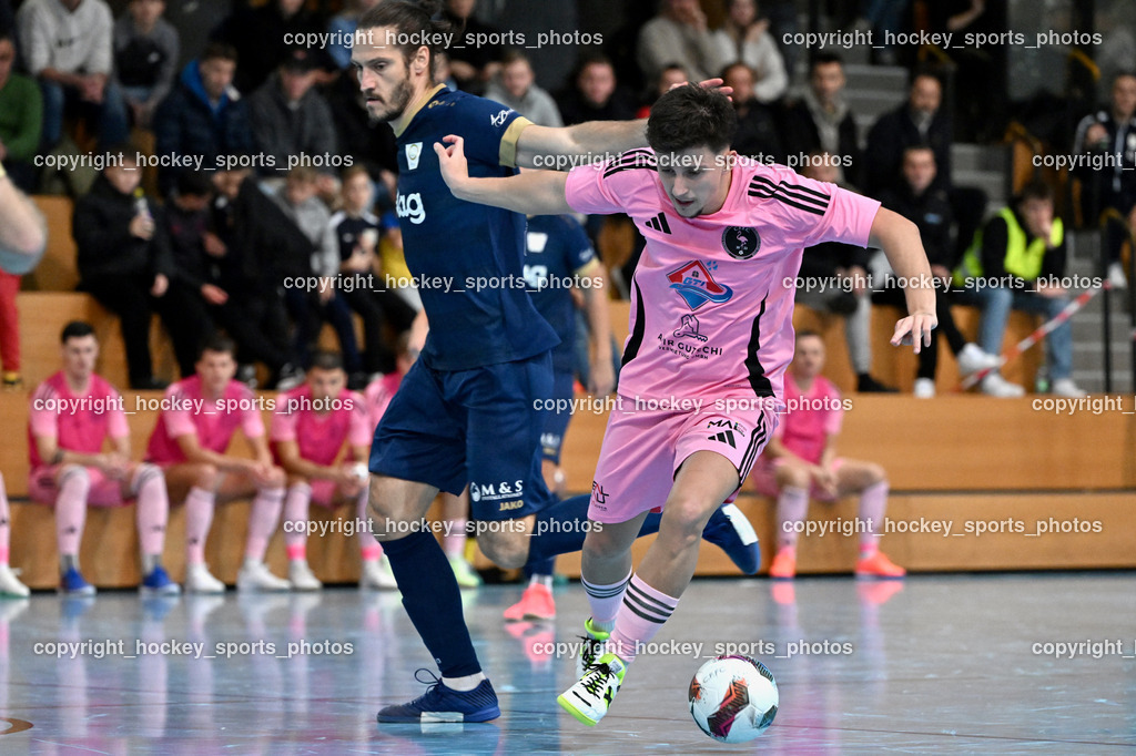 Carinthia Flamengo Futsal Club vs. Futsal Klagenfurt | #2 Nikola Jandric Futsal Klagenfurt, #17 Hasan Kupinic Carinthia Flamengo, Carinthia Flamengo Futsal Club vs. Futsal Klagenfurt, Carinthia Flamengo Futsal Club vs. Futsal Klagenfurt am 01.12.2024 in Klagenfurt (Ballspielhalle Viktring), Austria, (Photo by Bernd Stefan)