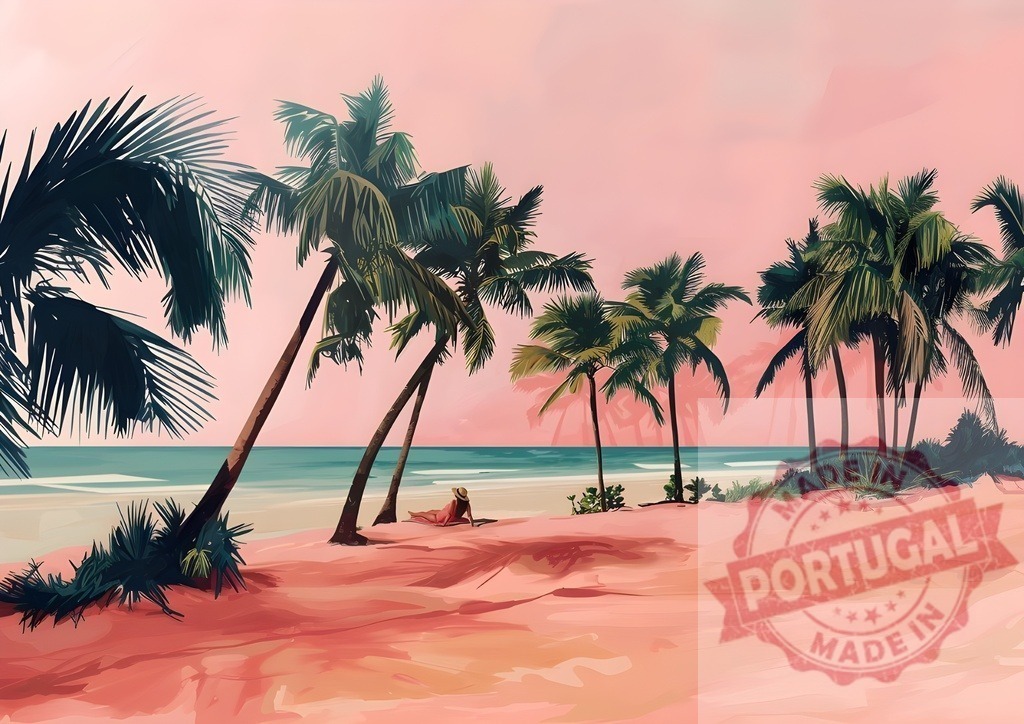 Woman relaxing on tropical beach with palm trees at sunset | Woman relaxing on a tropical sandy beach with palm trees under a pink sunset sky - Realisiert mit Pictrs.com