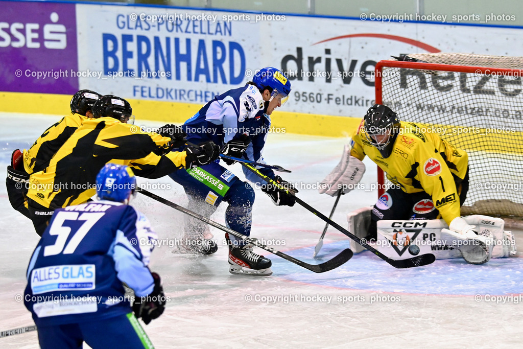 ESC Steindorf vs. MET PHOTOVOLTAIK HORNETS SPITTAL | #91 Kravanja Kristian ESC Steindorf, #1 Zauchner Rene EC Hornets Spittal, ESC Steindorf vs. MET PHOTOVOLTAIK HORNETS SPITTAL, ESC Steindorf vs. MET PHOTOVOLTAIK HORNETS SPITTAL am 26.10.2024 in Steindorf (Ossiachersee Halle), Austria, (Photo by Bernd Stefan)