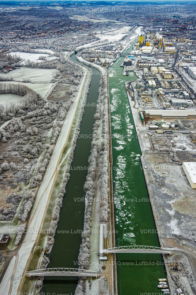 Hamm221202352 | Luftbild, Eisschollen auf Datteln-Hamm-Kanal und Fluss Lippe mit Hafen in Winterlandschaft, Herringen, Hamm, Ruhrgebiet, Nordrhein-Westfalen, Deutschland