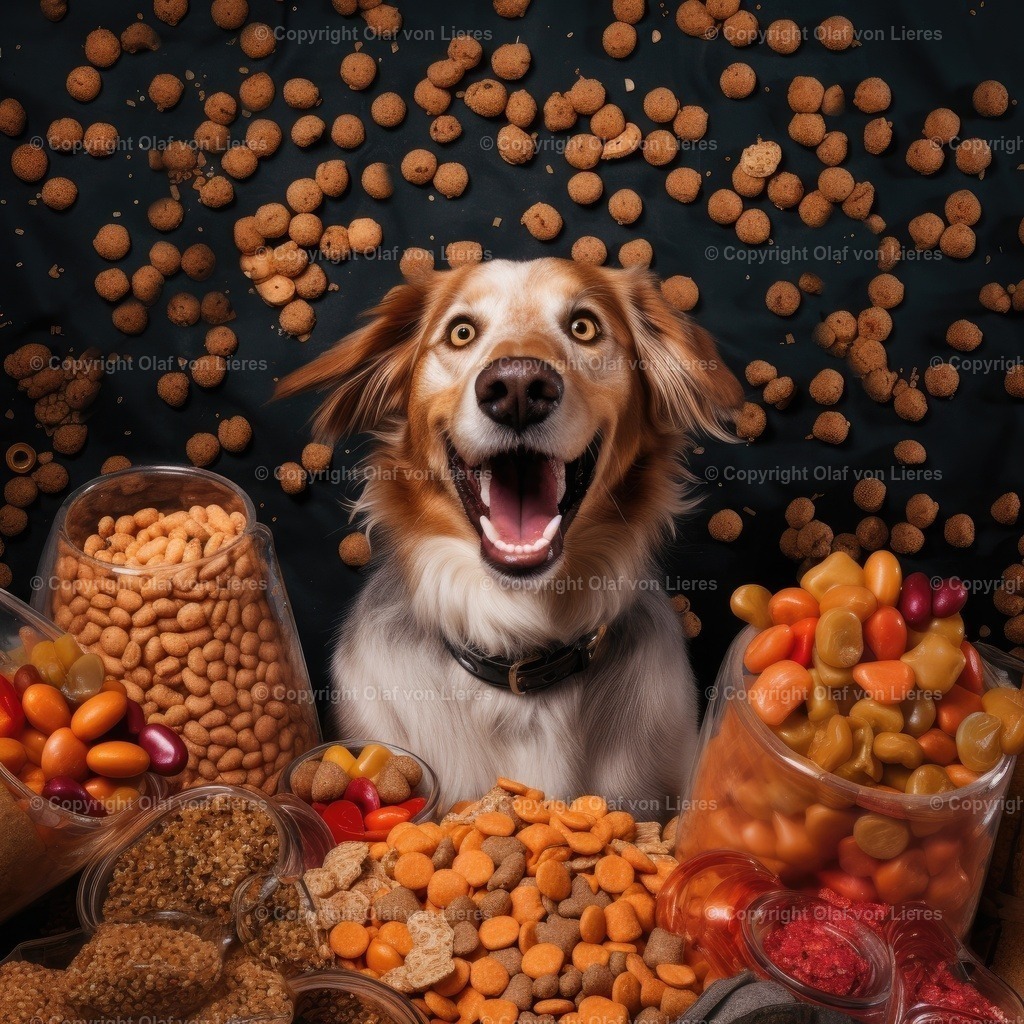 Hund mit Hundefutter | Hund vor schwarzem Hintergrund mit viel Hundefutter