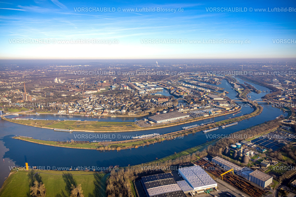Duisburg241202382 | Luftbild, Gesamt-Übersicht Hafen Duisburg duisport, blauer Himmel und Blick auf Duisburg-Ruhrort, Fluss Ruhr Mündungsgebiet in den Fluss Rhein, Duisburg, Ruhrgebiet, Nordrhein-Westfalen, Deutschland