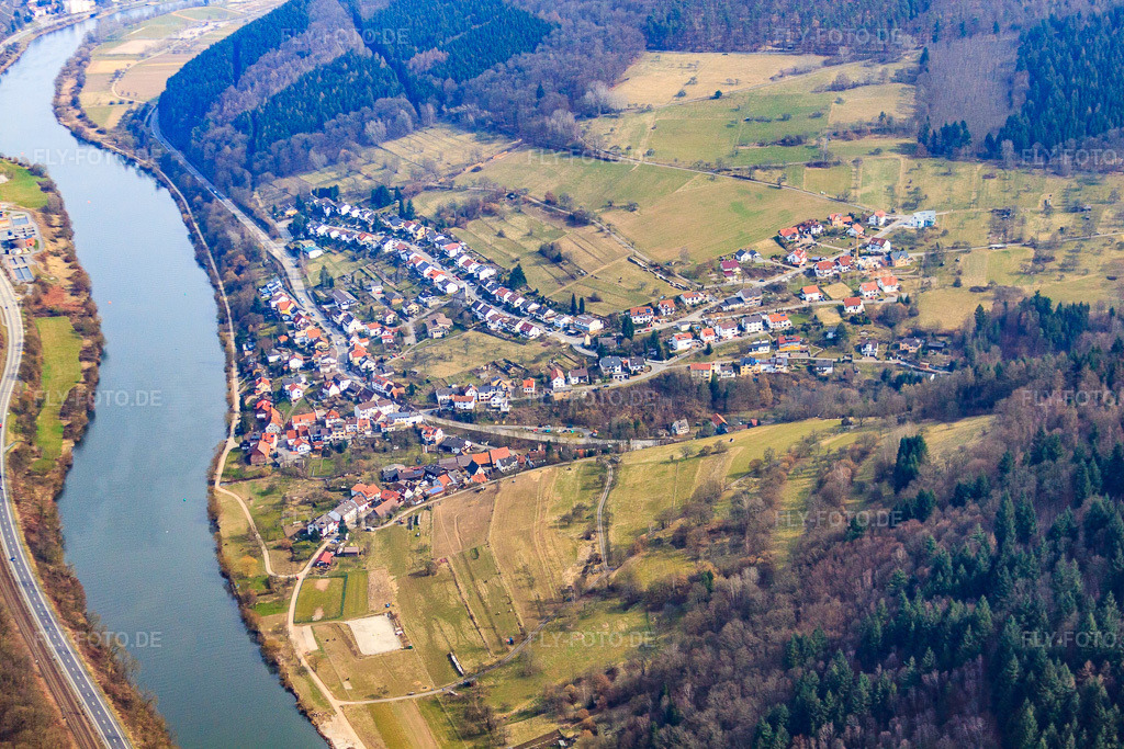 Luftbild: Dorf am Neckarufer im Ortsteil Pleutersbach in Eberbach im Bundesland Baden-Württemberg in Deutschland. Foto: IMG_38022.jpg vom 12.03.2011 durch Werner Riehm/FLY-FOTO.de