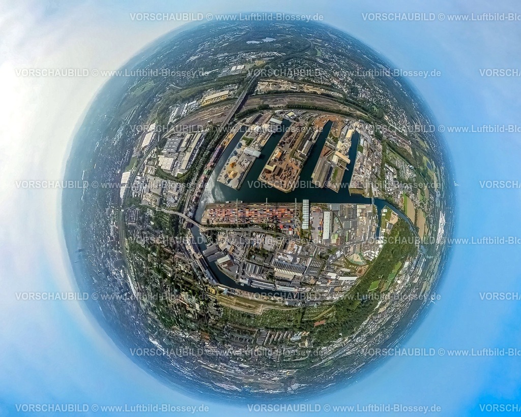 Dortmund231090059Hafen | Luftbild, Hafen Dortmund, Erdkugel, Fisheye Aufnahme, Fischaugen Aufnahme, 360 Grad Aufnahme, tiny world, Hafen, Dortmund, Ruhrgebiet, Nordrhein-Westfalen, Deutschland