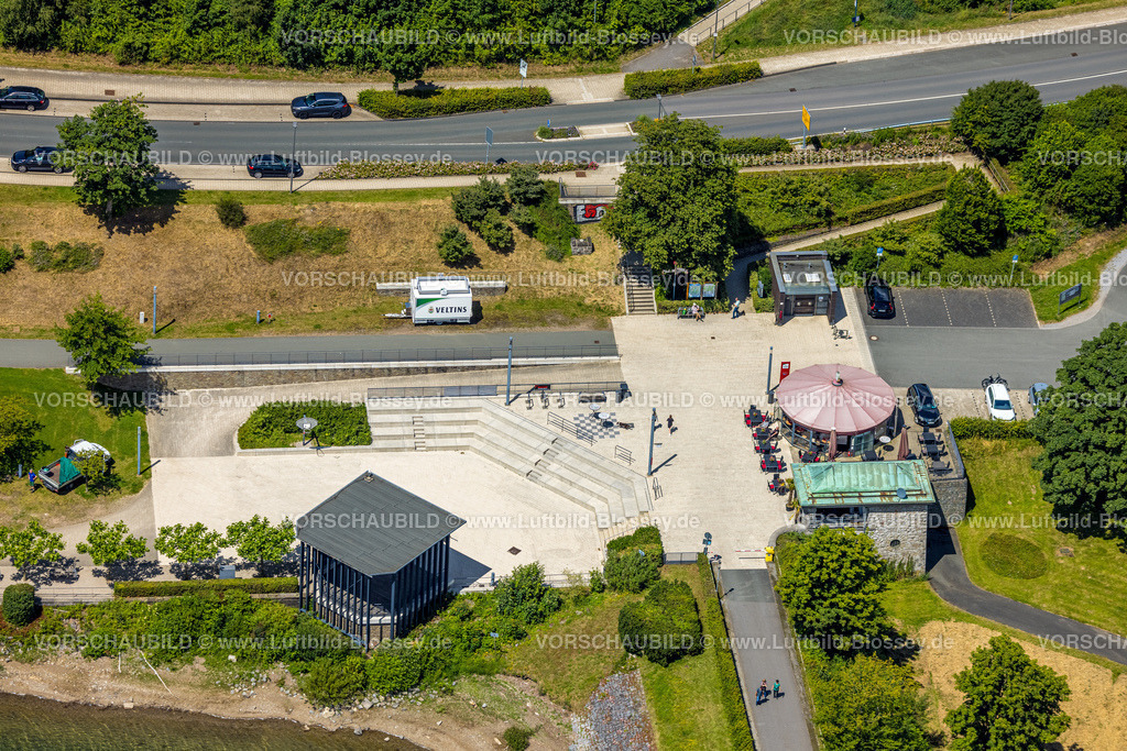 Sundern240708510 | Luftbild, Gastronomie Schirmbar Sorpesee und Ruhebereich, Seebühne am Sorpedamm, Langscheid, Sundern, Sauerland, Nordrhein-Westfalen, Deutschland