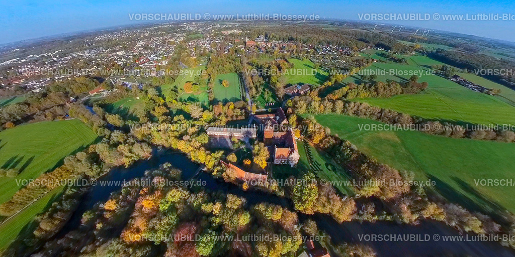 Hamm20221020_02_Schloss-Heessen | Luftbild, Schloss Heessen, Herbstwald, Fluss Lippe, Fisheye Aufnahme, Fischaugen Aufnahme, 360 Grad Aufnahme, Hamm, Ruhrgebiet, Nordrhein-Westfalen, Deutschland