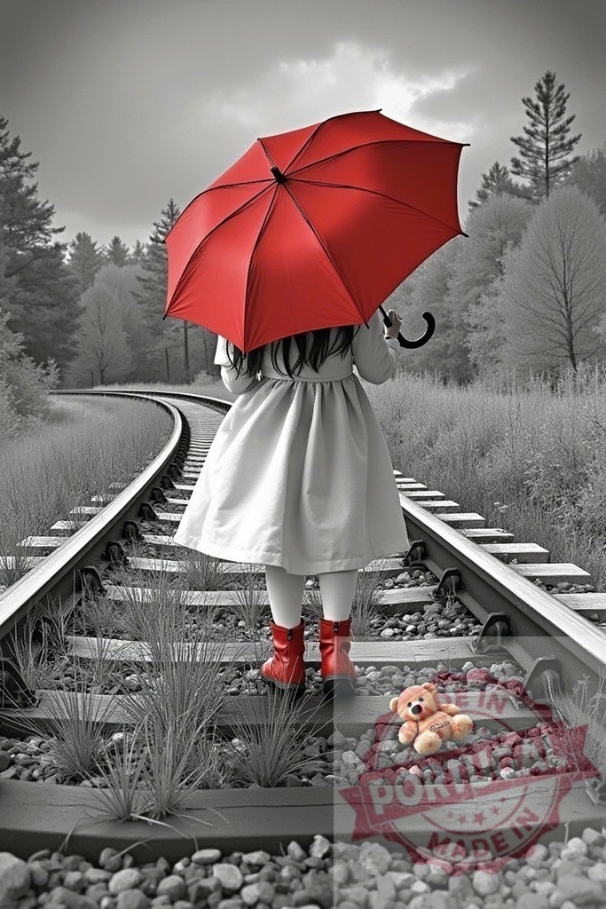 Girl standing on railroad tracks holding red umbrella | Girl in white dress and red boots standing on railroad tracks with a teddy bear - Realisiert mit Pictrs.com