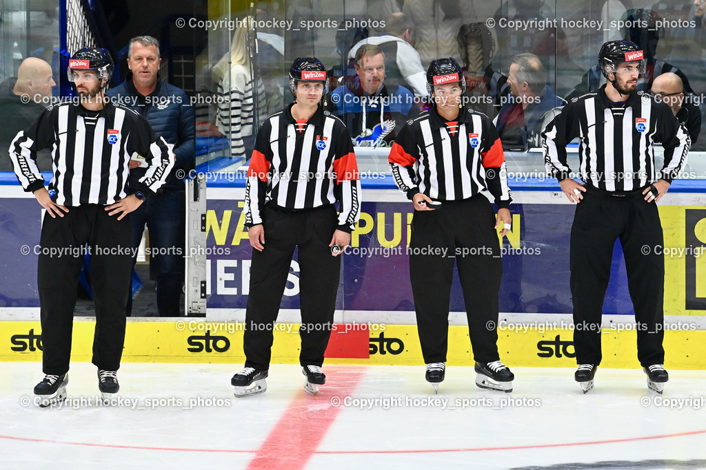EC IDM Wärmepumpen VSV vs. HC Pustertal 8.10.2023 | ZRNIC MILAN Referee, OFNER CHRISTIAN Referee, VACZI DAVID Linesmann, MUZSIK NORBERT Linesmann, EC IDM Wärmepumpen VSV vs. HC Pustertal 8.10.2023, EC IDM Wärmepumpen VSV vs. HC Pustertal am 08.10.2023 in Villach (Stadthalle Villach), Austria, (Photo by Bernd Stefan)