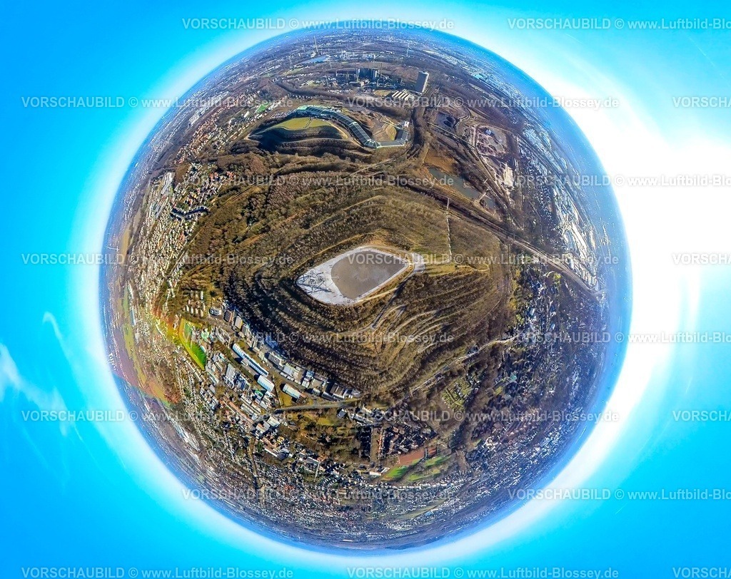 Bottrop240190198Tetraeder | Luftbild, Tetraeder Wahrzeichen, Haldenereignis Emscherblick, Aussichtsterrasse in Form einer dreiseitigen Pyramide auf der Halde Beckstraße, Künstler Architekt Wolfgang Christ, Erdkugel, Fisheye Aufnahme, Fischaugen Aufnahme, 360 Grad Aufnahme, tiny world, little planet, fisheye Bild, Batenbrock-Nord, Bottrop, Ruhrgebiet, Nordrhein-Westfalen, Deutschland