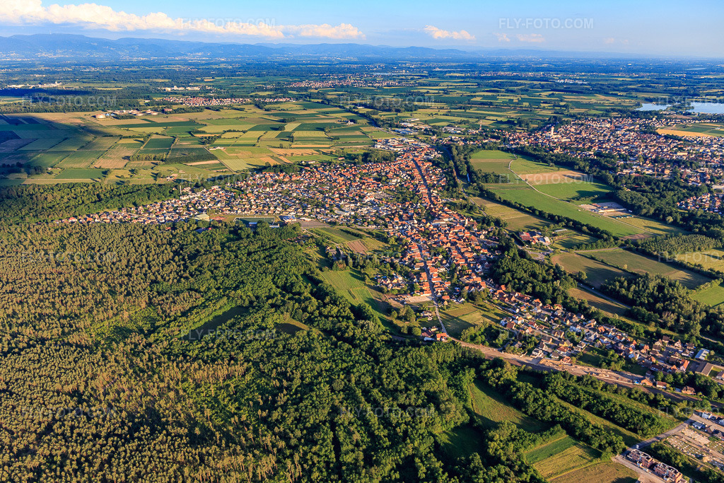 Aerial view: View of the town from the north in Oberhoffen-sur-Moder in the state Bas-Rhin, France. – Photo: IMG_115493.jpg taken on 06/16/2019 by Werner Riehm/FLY-FOTO.com – Resolution of the original: 5094 x 3396 px