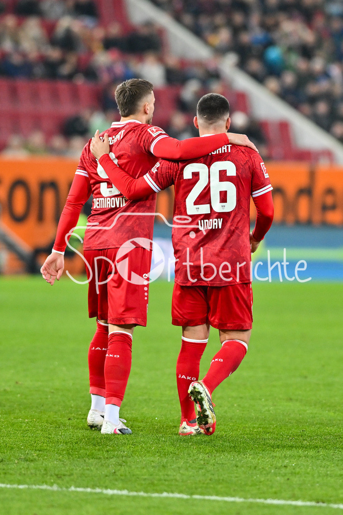 FC Augsburg - VfB Stuttgart | AUGSBURG, GERMANY - 22. MAERZ: Jubel der Gäste nach dem Treffer zum 2-5 durch Ermedin DEMIROVIC (VfB Stuttgart 9) / Tor / Torschuetze / Freude / Happy während dem Bundesligamatch zwischen dem FC Augsburg und dem VfB Stuttgart am 27. Spieltag in der WWK Arena / DFL REGULATIONS PROHIBIT ANY USE OF PHOTOGRAPHS AS IMAGE SEQUENCES AND/OR QUASI-VIDEO