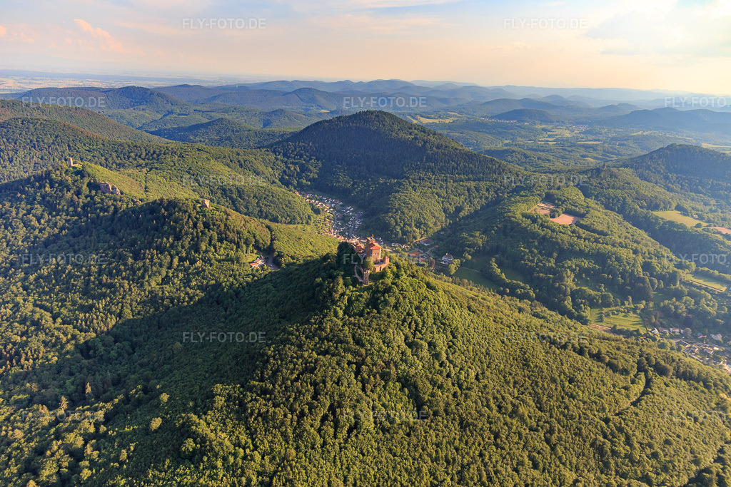 Luftbild: Die 3 Burgen Trifels, Anebos und Münz in Annweiler am Trifels im Bundesland Rheinland-Pfalz in Deutschland. Foto: IMG_120744.jpg vom 21.05.2020 durch Werner Riehm/FLY-FOTO.de