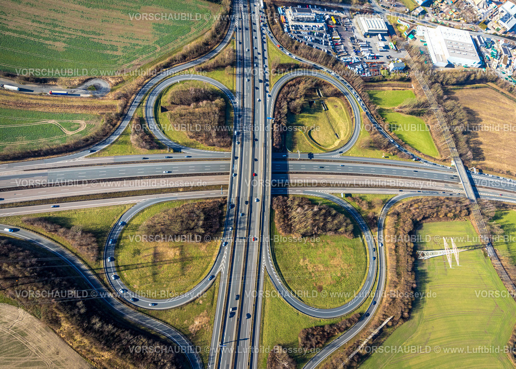 Dortmund240101884 | Luftbild, Autobahnkreuz Dortmund-West, Autobahn A40 und Autobahn A45, Straßenverkehr und Stau, Verkehrssituation, Oespel, Dortmund, Ruhrgebiet, Nordrhein-Westfalen, Deutschland