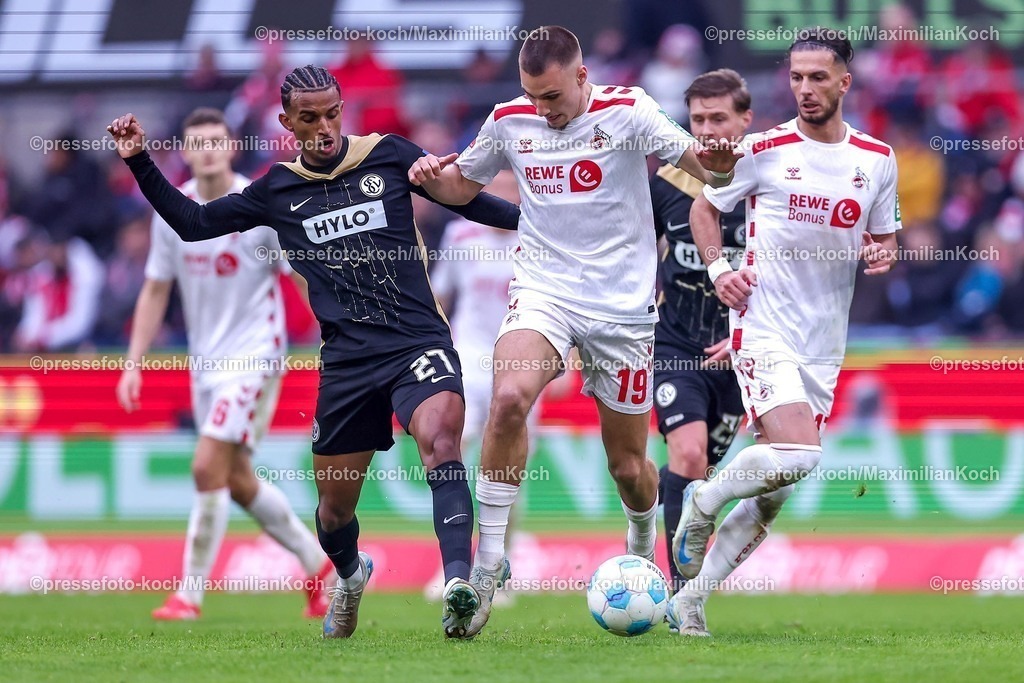 1FC25012501062 | 25.01.2025, Fußball, 1. FC Köln - SV 07 Elversberg, 2.. Fußball Bundesliga, 19. Spieltag, RheinEnergie-STADION, Saison 2024 2025: Filimon Gerezgiher (SV Elversberg #27) im Zweikampf gegen Tim Lemperle (FC Köln #19) DFB regulations prohibit any use of photographs as image sequences and or quasi-video.