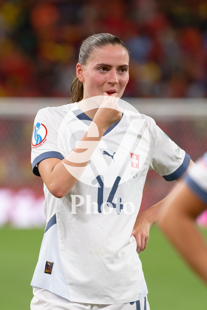 Spain v Switzerland - UEFA Women's EURO 2025 Quarter-Final | BERN, SWITZERLAND - JULY 18: Smilla Vallotto of Switzerland looks dejected  during the UEFA Women's EURO 2025 Quarter-Final match between Spain v Switzerland at Stadion Wankdorf on July 18, 2025 in Bern, Switzerland. (Photo by Giuseppe Velletri/Sports Press Photo/Getty Images)