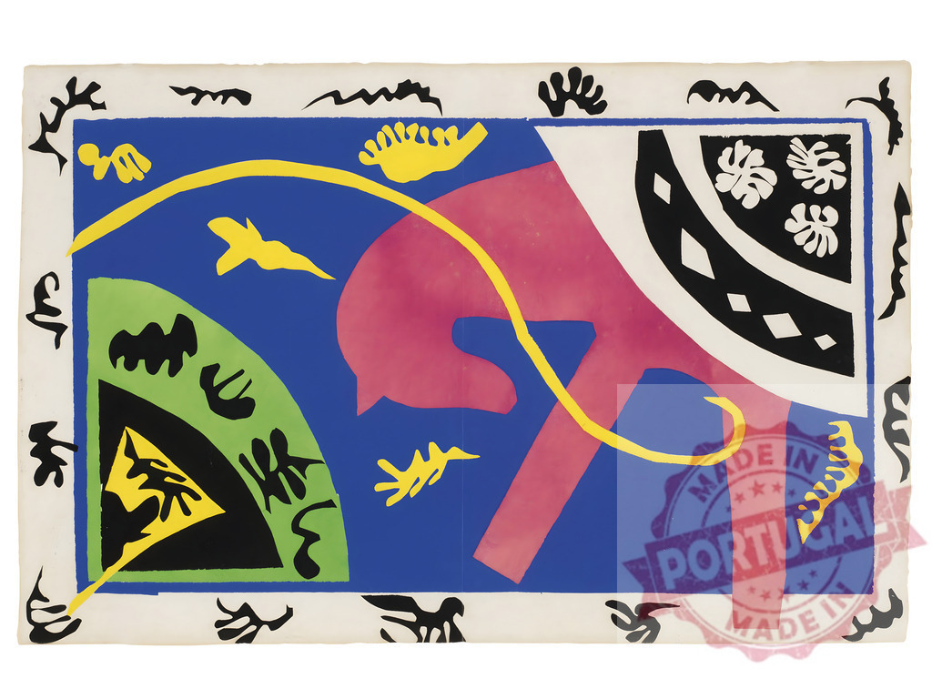 Henri Matisse Jazz Le Cheval L'Ecuyère abstract cut-out. Henri Matisse | Henri Matisse's Jazz series depicting a pink circus horse and rider on a blue background - Realisiert mit Pictrs.com