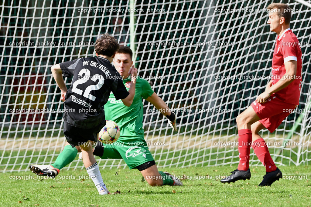 SV Rothentuhurn vs. URC Thal Assling | #22 Samuel Schönegger URC Thal Assling, #1 Alexander Machorka SV Rothenthurn, #16 Niklas Hinteregger SV Rothenthurn, SV Rothentuhurn vs. URC Thal Assling, SV Rothentuhurn vs. URC Thal Assling am 15.09.2024 in Rothenthurn (Sportplatz Rothenthurn), Austria, (Photo by Bernd Stefan)