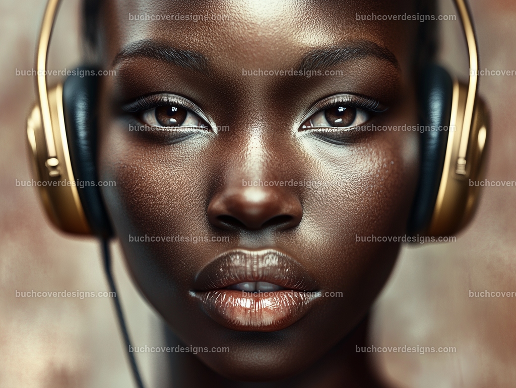 Gesicht einer Frau mit Kopfhörer (190) | black dark woman face, top view, close up, wears a golden headphone, - studio light - vivid colors - high detail - realistic - photo - sureal --chaos 5 --ar 4:3 --stylize 50 --weird 100 --v 6.1 Job ID: 72a719ba-b35a-444a-9cae-91dfafb42e61