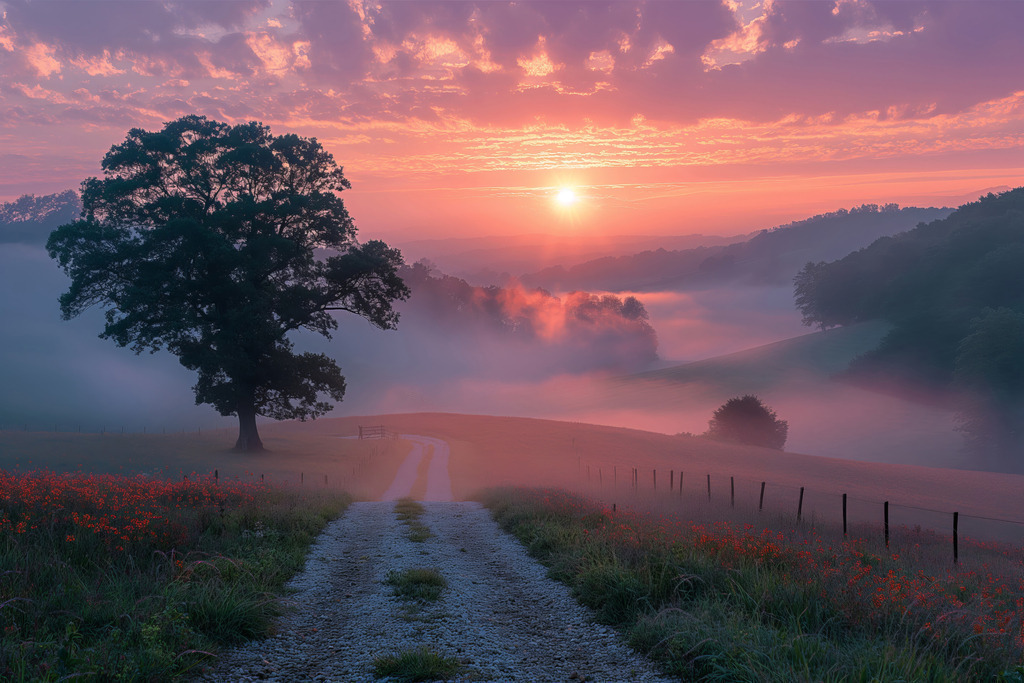 2405031 - Traumhafter Morgen | Ein fotorealistisches Motiv einer wunderschönen Landschaft bei einem nebligen Sonnenaufgang.