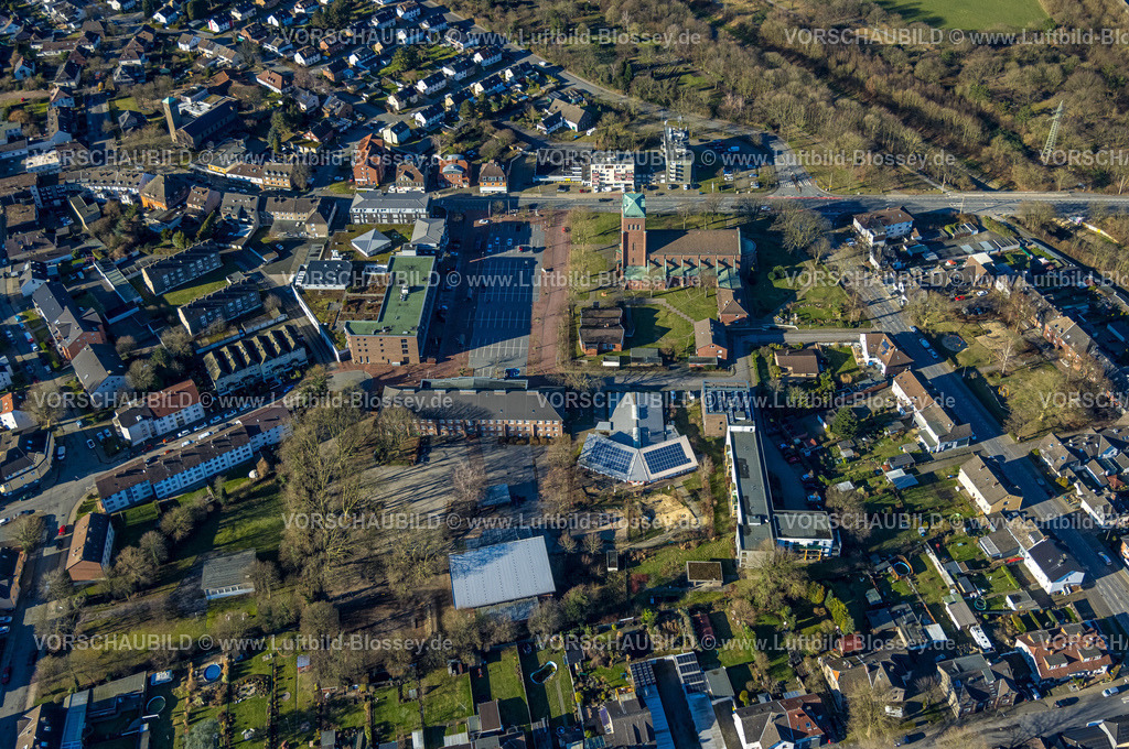 Castrop-Rauxel240106715 | Luftbild, kath. Kirche St. Antonius mit Marktplatz und Marktschule, Wohngebiet Ickern, Castrop-Rauxel, Ruhrgebiet, Nordrhein-Westfalen, Deutschland