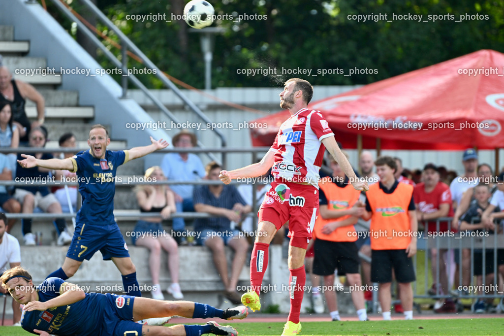 ATUS Velden vs. GAK | #10 Lukas Lausegger ATUS Velden, #7 Mario Kröpfl ATUS Velden, #5 Petar Filipovic GAK, ATUS Velden vs. GAK, ATUS Velden vs. GAK am 26.07.2024 in Villach (Stadion Lind), Austria, (Photo by Bernd Stefan)