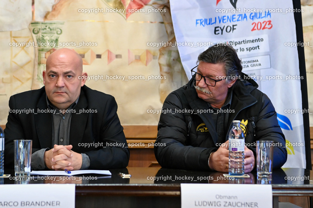 European Youth Olympic Festival EYOF 2023 Pressekonferenz | Gemeinderat Spittal an der Drau Marco Brandner, Obmann EC Hornets Spittal Ludwig Zauchner