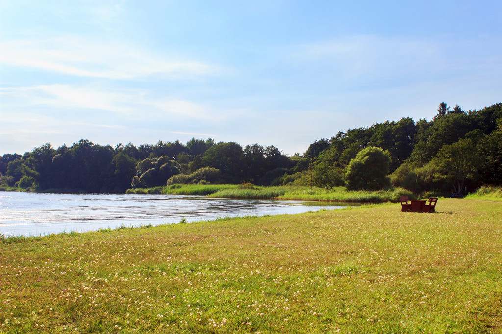 Wandbild: Ufer an der Schlei in Burg | Dieses Wandbild im Querformat zeigt eine Rasenfläche direkt an der Schlei in Burg. In der Ferne ist ein Wald an der Schlei zu sehen. Am blauen Himmel ist nur eine leichte Bewölkung zu sehen. - Realisiert mit Pictrs.com