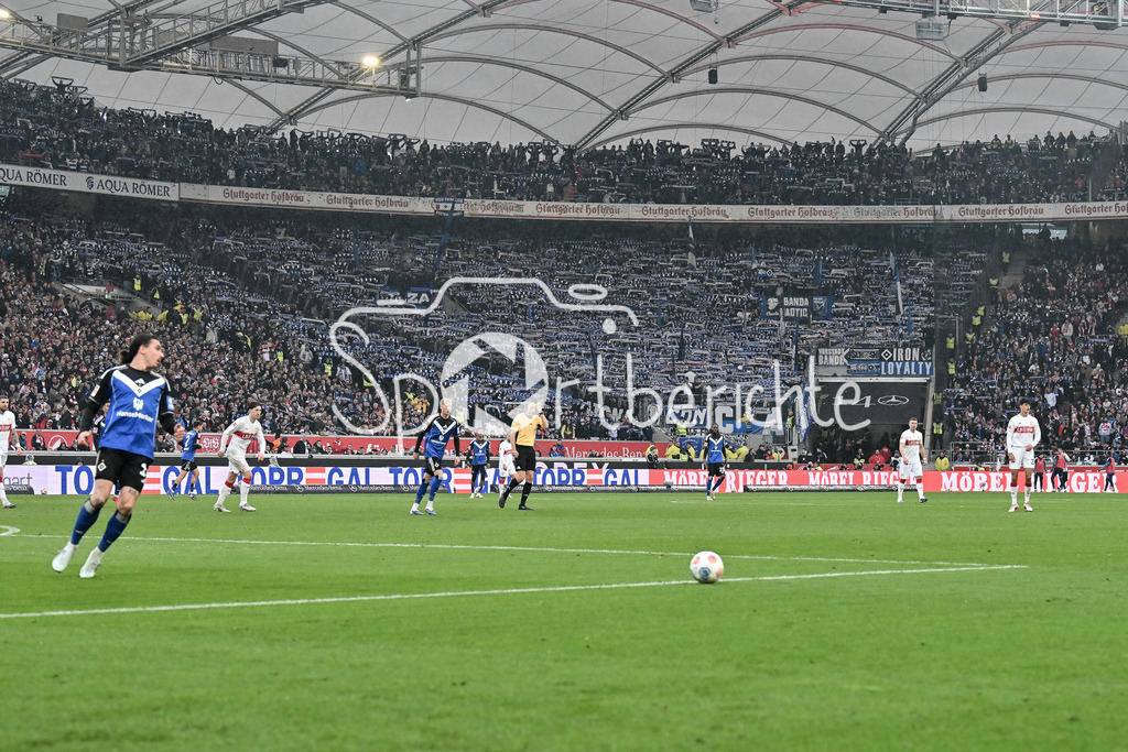 VfB Stuttgart - Hamburger SV | STUTTGART, GERMANY - 12. APRIL: many fans from Hamburg support HSV during the Bundesliga Match between VfB Stuttgart vs. Hamburger SV on Matchday 29 at MHP Arena / DFL REGULATIONS PROHIBIT ANY USE OF PHOTOGRAPHS AS IMAGE SEQUENCES AND/OR QUASI-VIDEO