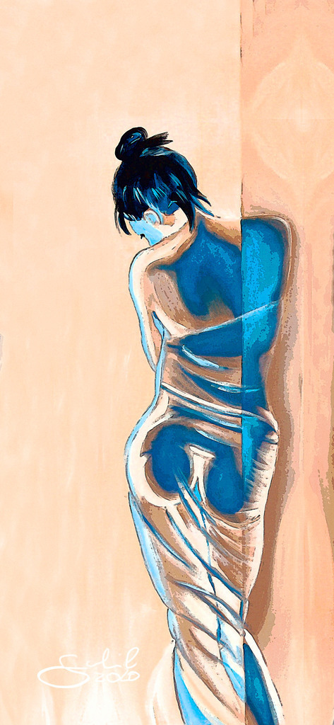 DD_Bur_201003_differenzierteraktinblaubeige_55x120 | Shop zum Kauf von Kunstdrucken: Akt, Portrait, Stillleben und Landschaften. Phantastische Arbeiten. Composing, Vektorgrafik, Malerei. Digital und klassisch. Virtualized Bodypainting - Realisiert mit Pictrs.com