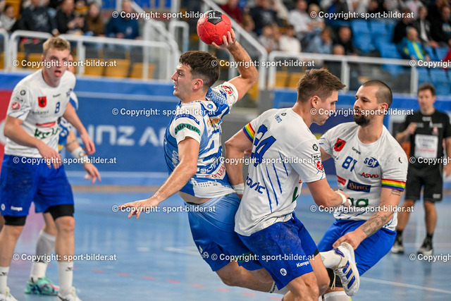 AUT, HLA, HC Linz AG vs SC Ferlach | 26.10.2024, Sporthauptschule Linz-Kleinmuenchen, AUT, HLA, HC Linz AG vs SC Ferlach, im Bild Moritz Bachmann of HC Linz AG, Mladan Jovanovic of SC Ferlach, Adrian Milicevic of SC Ferlach// HLA, Handball Liga Austria Match between HC Linz AG vs SC Ferlach in Linz, Austria on 2024/10/26