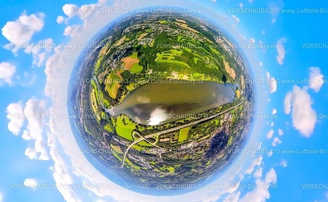 Bochum230890056 Kemnader See Golf | Luftbild, Kemnader See, Golfplatz Bochumer Golfclub Im Mailand, Erdkugel, Fisheye Aufnahme, Fischaugen Aufnahme, 360 Grad Aufnahme, tiny world, Stiepel, Bochum, Ruhrgebiet, Nordrhein-Westfalen, Deutschland
