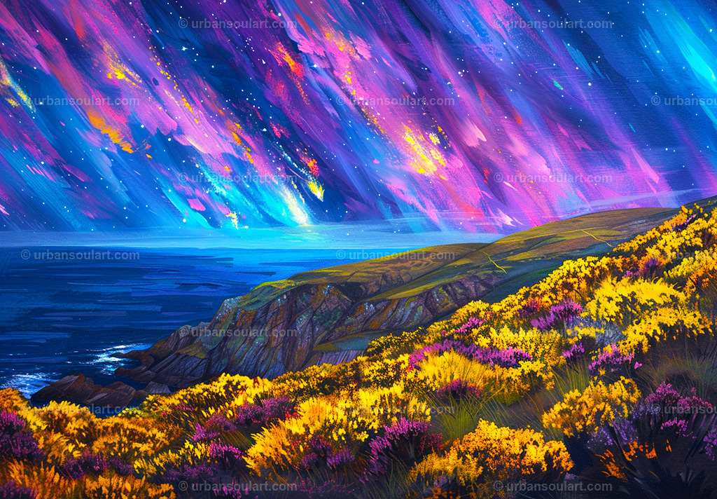 Northern Lights over Island Rocks | A mesmerizing landscape of northern lights illuminating rocky shores. This canvas brings a touch of wonder and natural beauty to any room. - Realisiert mit Pictrs.com