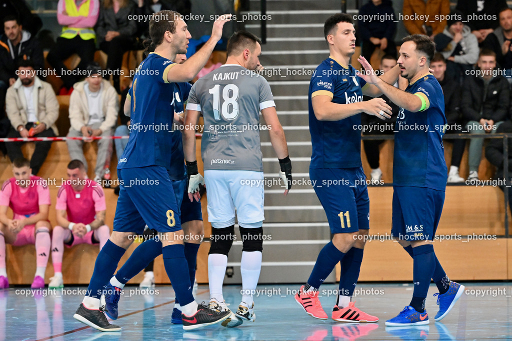 Carinthia Flamengo Futsal Club vs. Futsal Klagenfurt | #15 Vahid Muharemovic Futsal Klagenfurt, Jubel Futsal Klagenfurt Mannschaft, #8 Marko Sarkovic Futsal Klagenfurt, #11 Saso Kovacevic Futsal Klagenfurt, #18 Vladimir Kajkut Futsal Klagenfurt, Carinthia Flamengo Futsal Club vs. Futsal Klagenfurt, Carinthia Flamengo Futsal Club vs. Futsal Klagenfurt am 01.12.2024 in Klagenfurt (Ballspielhalle Viktring), Austria, (Photo by Bernd Stefan)