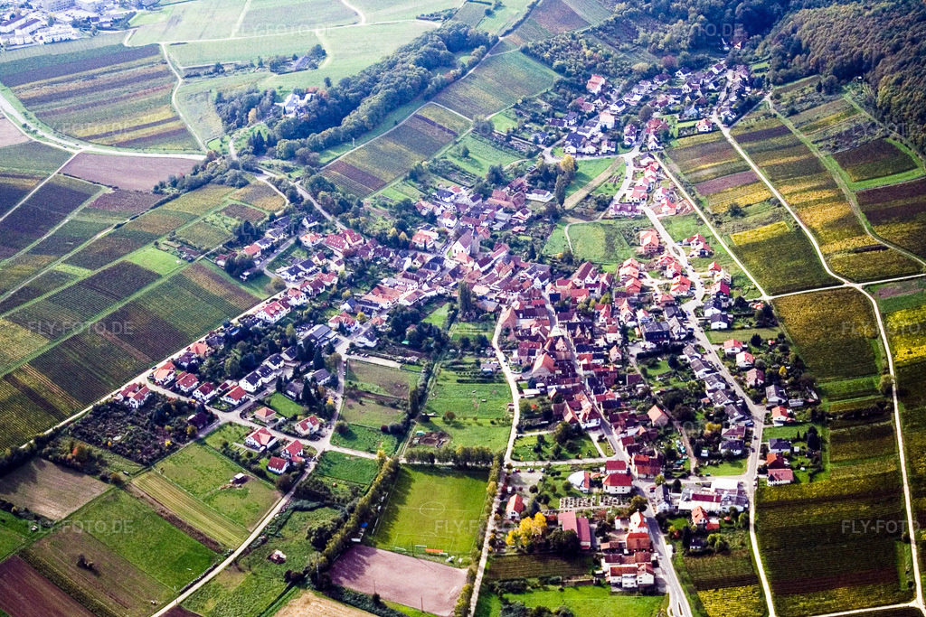Luftbild: Winzerdorf am Rand des Pfälzerwalds von Nordosten im Ortsteil Pleisweiler in Pleisweiler-Oberhofen im Bundesland Rheinland-Pfalz in Deutschland. Foto: IMG_4442.jpg vom 22.10.2006 durch Werner Riehm/FLY-FOTO.de