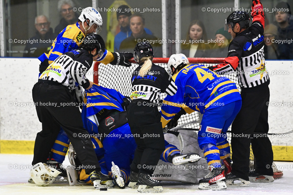 EHC Althofen vs. ESC Steindorf 6.3.2024 | Telesklav Fabio Referee, Klemm Anja Referee, Dreier Alexander Referee,#47 Rainer Michael EHC Althofen, #96 Kronlechner Christoph EHC Althofen, #92 Jagarinec Jakob Lukas EHC Althofen, EHC Althofen vs. ESC Steindorf 6.3.2024, EHC Althofen vs. ESC Steindorf am 06.03.2024 in Althofen (Stadthalle Althofen ), Austria, (Photo by Bernd Stefan)