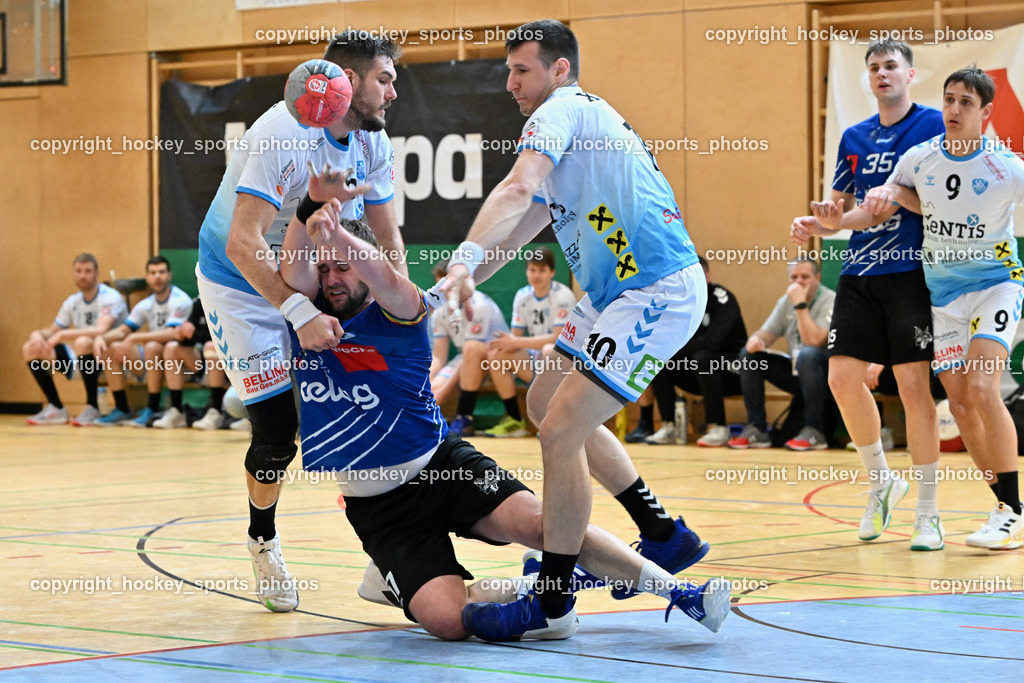 SC Ferlach vs. HSG Bärnbach/Köflach 30.3.2024 | #56 Beciri Kristian HSG Bärnbach, #57 LEBAN Patrik SC Ferlach, #10 Perkusic Toni HSG Bärnbach, #9 PALMSTINGL Patrick Elias HSG Bärnbach, SC Ferlach vs. HSG Bärnbach/Köflach 30.3.2024, SC Ferlach vs. HSG Bärnbach/Köflach am 30.03.2024 in Ferlach (Ballspielhalle Ferlach), Austria, (Photo by Bernd Stefan)