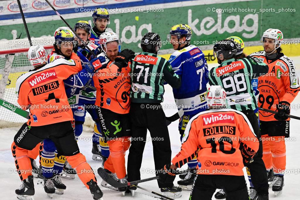 EC IDM WÄRMEPUMPEN VSV vs. MOSER MEDICAL GRAZ99ERS | #5 Kasper Kotkansalo Graz 99ers, #13 Michael Schiechl Graz 99ers, #13 Adam Helewka EC VSV, #77 Philipp Lindner EC VSV, #43 Julian Raspotnig EC VSV, NOTHEGGER DAVID Referee, ZACHERL PATRICK Referee, #17 Manuel Ganahl Graz 99ers, #40 Elias Wallenta EC VSV, #22 Nikita Scherbak EC VSV, #35 Joe Cannata EC VSV, #4 Korbinian Holzer Graz 99ers, EC IDM WÄRMEPUMPEN VSV vs. MOSER MEDICAL GRAZ99ERS, EC IDM WÄRMEPUMPEN VSV vs. MOSER MEDICAL GRAZ99ERS am 17.03.2026 in Villach (Stadthalle Villach), Austria, (Photo by Bernd Stefan)
