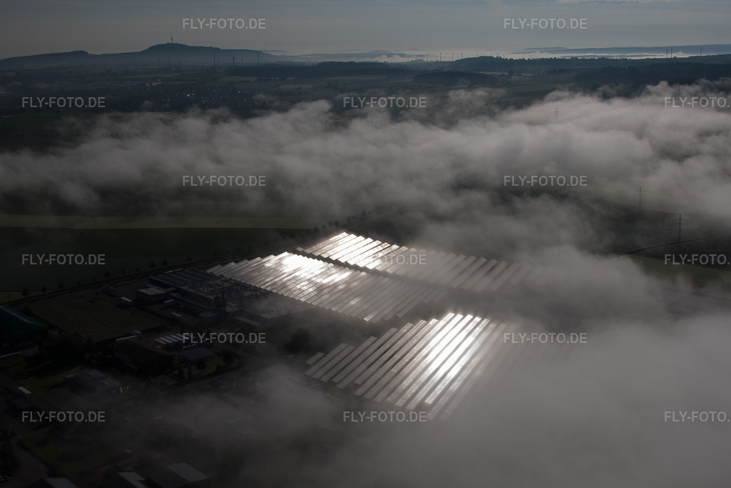 Luftbild: Wetterbedingt in eine Nebel- Schicht eingebettete Panelreihen der Photovoltaikanlage des Solarpark bzw. Solarkraftwerk im Ortsteil Bredenborn in Marienmünster im Bundesland Nordrhein-Westfalen in Deutschland. Foto: IMG_65202.jpg vom 24.05.2014 durch Werner Riehm/FLY-FOTO.de