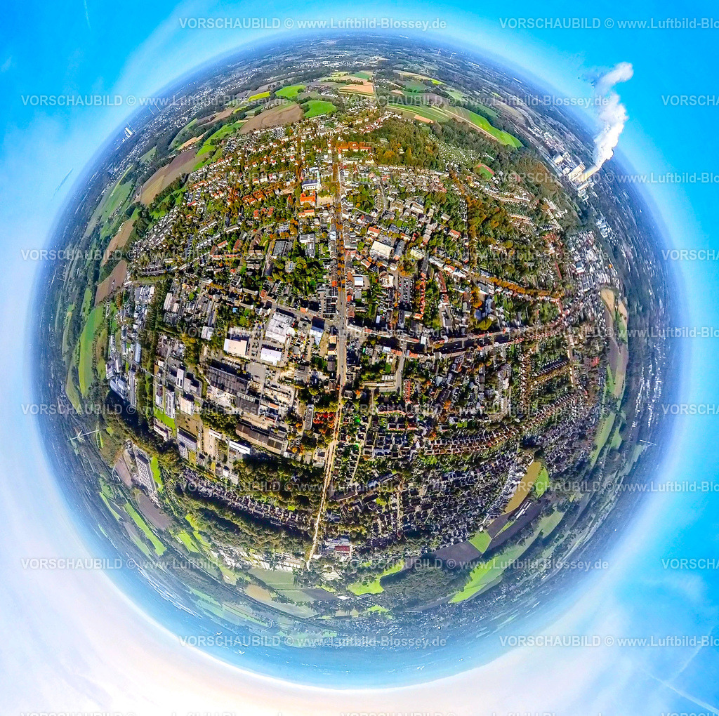 Luenen241190598BrambauerWaltroperStrasseKoenigsheide | Luftbild, Ortsansicht und Wohngebiet Waltroper Straße und Königsheide, Zechensiedlung Lünen Brambauer - Alte Kolonie, rechts das Trianel Kohlekraftwerk Lünen mit Rauchwolke, Erdkugel, Fisheye Aufnahme, Fischaugen Aufnahme, 360 Grad Aufnahme, tiny world, little planet, fisheye Bild, Brambauer, Lünen, Ruhrgebiet, Nordrhein-Westfalen, Deutschland