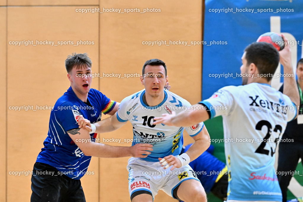 SC Ferlach vs. HSG Bärnbach/Köflach 30.3.2024 | #35 JURANIC Jura Egon SC Ferlach, #10 Perkusic Toni HSG Bärnbach, SC Ferlach vs. HSG Bärnbach/Köflach 30.3.2024, SC Ferlach vs. HSG Bärnbach/Köflach am 30.03.2024 in Ferlach (Ballspielhalle Ferlach), Austria, (Photo by Bernd Stefan)