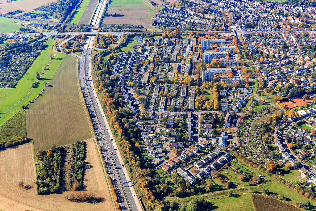 Luftbild: Heinrich-Heine-Ring entlang der A5 im Ortsteil Rüppurr in Karlsruhe im Bundesland Baden-Württemberg in Deutschland. Foto: IMG_129988.jpg vom 24.10.2021 durch Werner Riehm/FLY-FOTO.de