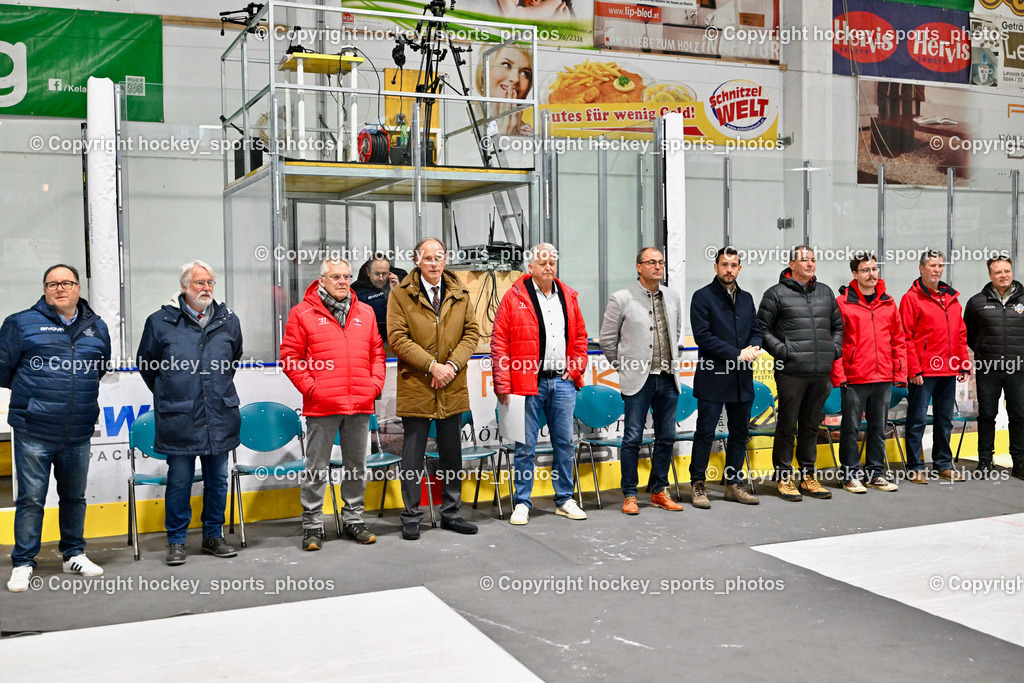 ESC Soccerzone Steindorf 50 Jahr Feier 26.2.2023 | ESC Steindorf sportlicher Leiter Armin Rac, DR. Dieter Kalt, ASVÖ Kärnten Christoph Schasché, ÖEHV Präsident Klaus Hartmann, Bürgermeister Steindorf Georg Kavalar, Landesrat Sebastian Schuschnig, Landtagsabgeordneter Kärnten Christof Seymann, KEHV Präsident Michael Herzog Löschnig