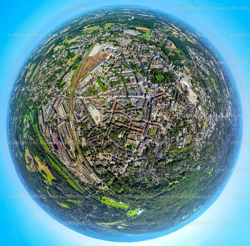 Witten230890048 Mitte klein | Luftbild, City Stadtmitte mit Rathaus, Erdkugel, Fisheye Aufnahme, Fischaugen Aufnahme, 360 Grad Aufnahme, tiny world, Witten, Ruhrgebiet, Nordrhein-Westfalen, Deutschland