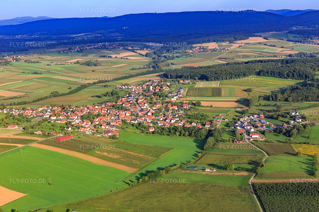 Luftbild: Ortsansicht von Osten in Schœnenbourg im Bundesland Bas-Rhin in Frankreich. – Foto: IMG_138101.jpg vom 19.08.2023 durch Werner Riehm/FLY-FOTO.de – Auflösung des Originals: 5374 x 3582 px