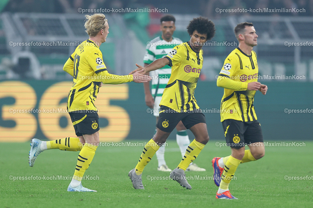 BVB01102401010 | 01.10.2024, Fußball, UEFA Champions League, Borussia Dortmund - Celtic Glasgow, 2. Spieltag, Signal Iduna Park, Saison 2024 2025: Torjubel nach dem 2:1 durch Karim Adeyemi (BVB #27)