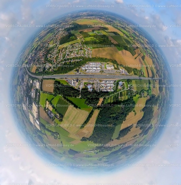 Hamm230990080 Raststaette Rhynern | Luftbild, Autobahn-Raststätte Rhynern an der Autobahn A2, Erdkugel, Fisheye Aufnahme, Fischaugen Aufnahme, 360 Grad Aufnahme, tiny world, Stadtbezirk Rhynern, Hamm, Ruhrgebiet, Nordrhein-Westfalen, Deutschland
