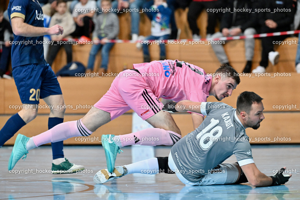 Carinthia Flamengo Futsal Club vs. Futsal Klagenfurt | #2 Faris Buljubasic Carinthia Flamengo, #18 Vladimir Kajkut Futsal Klagenfurt, Carinthia Flamengo Futsal Club vs. Futsal Klagenfurt, Carinthia Flamengo Futsal Club vs. Futsal Klagenfurt am 01.12.2024 in Klagenfurt (Ballspielhalle Viktring), Austria, (Photo by Bernd Stefan)