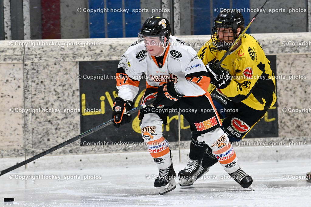EC Hornets Spittal vs. USC Piraten Velden 18.2.2024 | #77 Ortner Stefan USC Velden, #96 Peharz Joshua EC Hornets Spittal, EC Hornets Spittal vs. USC Piraten Velden 18.2.2024, EC Hornets Spittal vs. USC Piraten Velden 18.2.2024 am 18.02.2024 in Spittal an der Drau (Eissportzentrum Spittal), Austria, (Photo by Bernd Stefan)