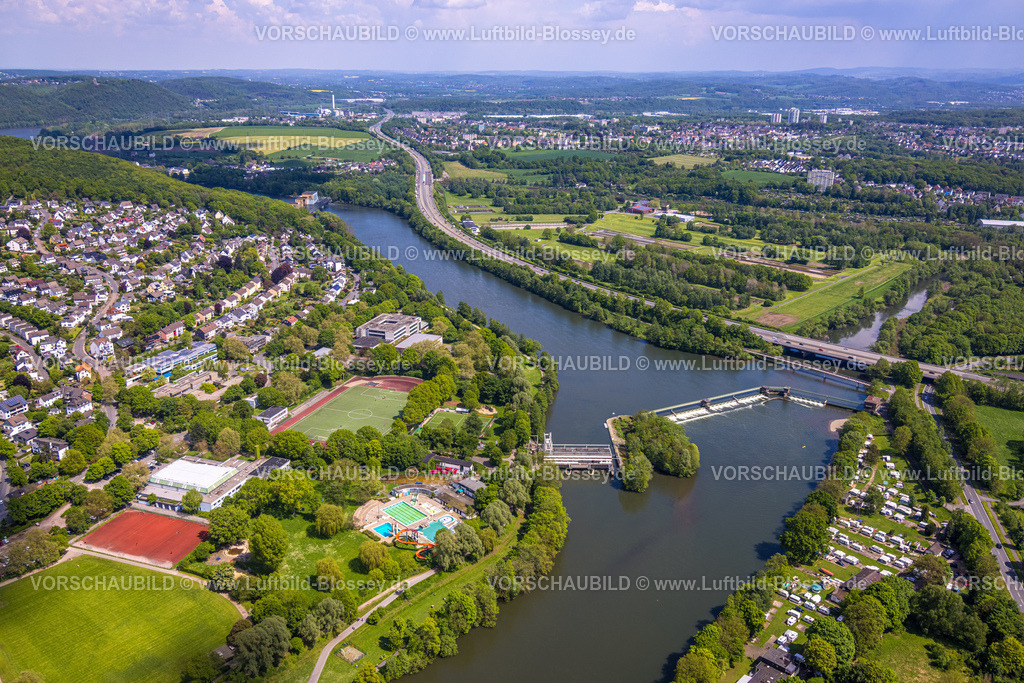 Herdecke230502683 | Luftbild, Wehr Stiftsmühle, Sport- und Freizeitzentrum Bleichstein, Freibad, Friedrich-Harkort-Schule, Realschule Am Bleichstein, Fluss Volme Mündung in den Fluss Ruhr, Radwegbrücke, Wasserwerk Hengstey, Blick nach Hagen-Boele, Autobahn A1, Herdecke, Ruhrgebiet, Nordrhein-Westfalen, Deutschland